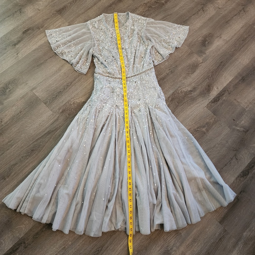 Mac Duggal Cape Sleeve Beaded Midi Dress Powder Blue Silver Ethereal Glam 6 $598 - Picture 13 of 16
